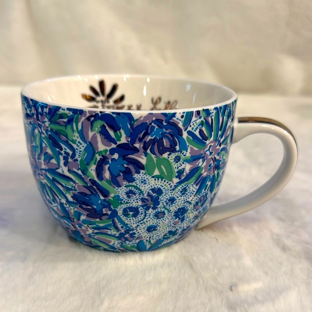 Lilly Pulitzer Blue & Purple Floral Porcelain Mug, Gold Accents- 16oz